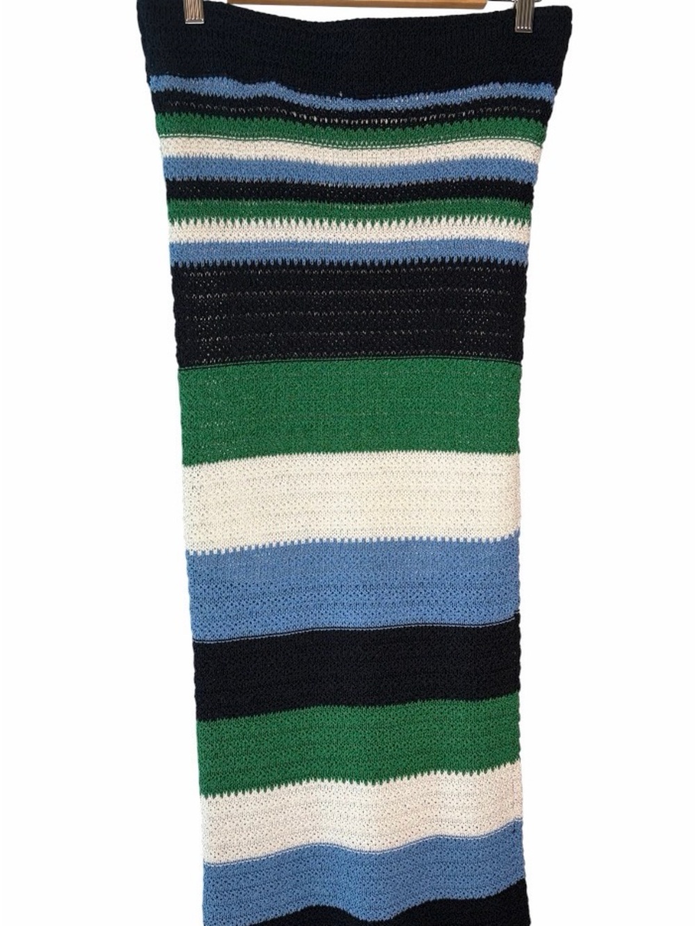 Eva Mendes Striped crochet Knit Maxi Skirt in Navy, Green, Blue & Cream size M